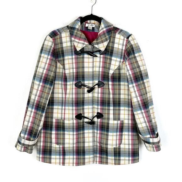 Vintage 90s Christopher & Banks Plaid Toggle Coat Pink Lining Large Cotton Blend - Picture 1 of 13